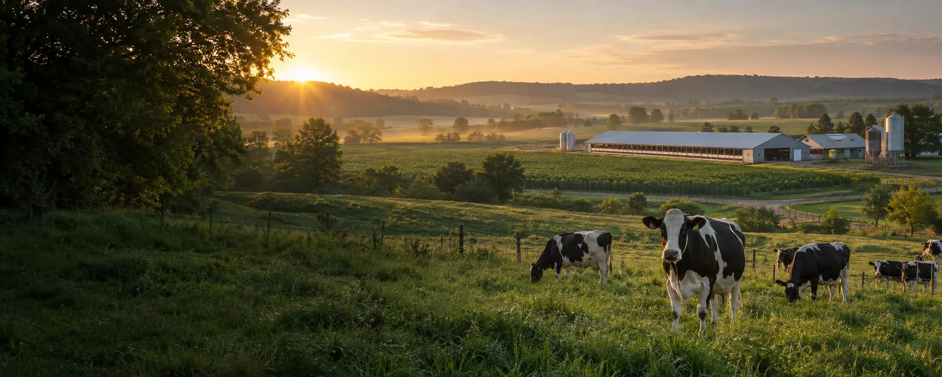 Dairy cattle grazing at a working farm at sunrise