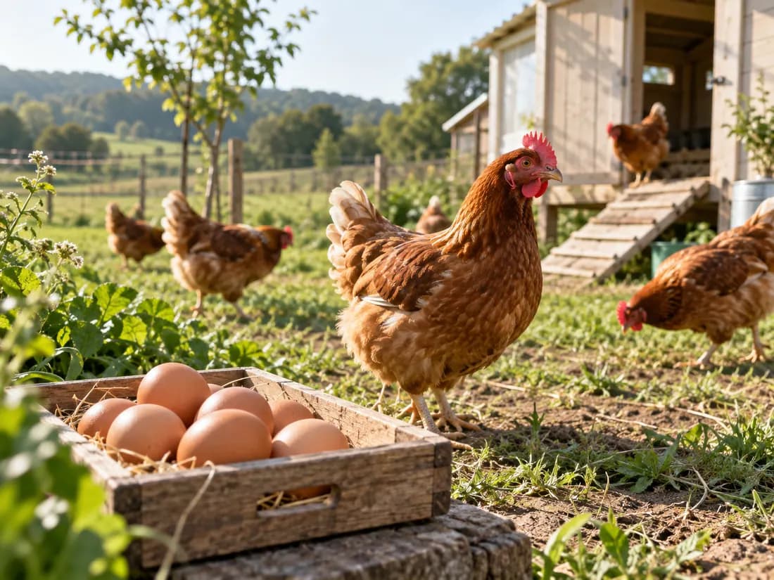 Hens and a tray of fresh eggs at a poultry farm