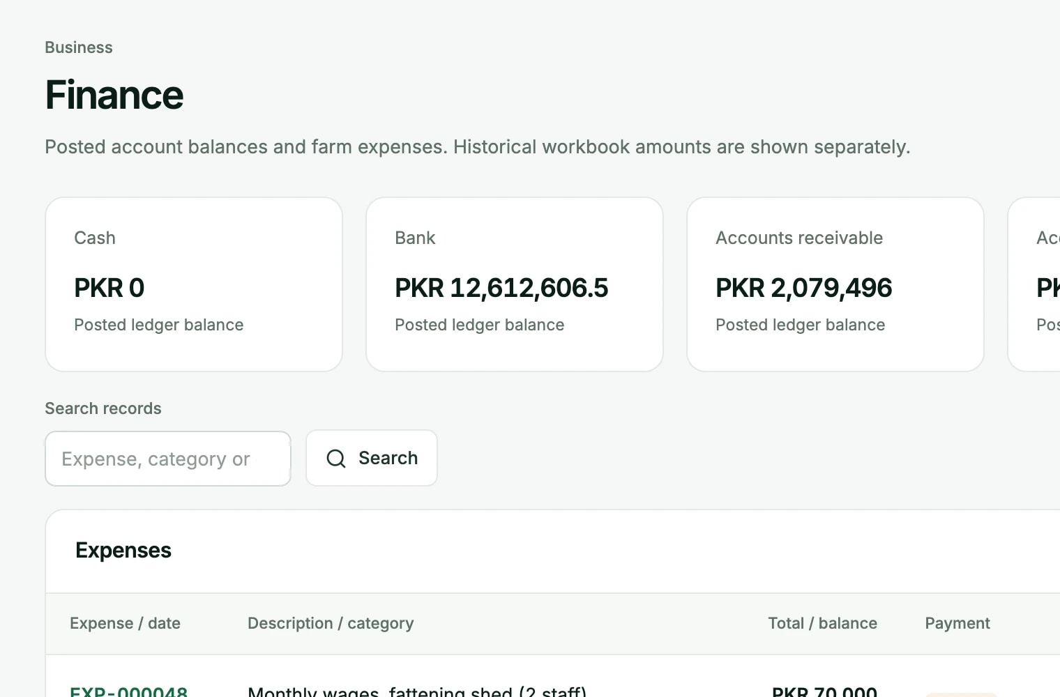 Finance overview with bank, receivable and payable balances and the list of farm expenses
