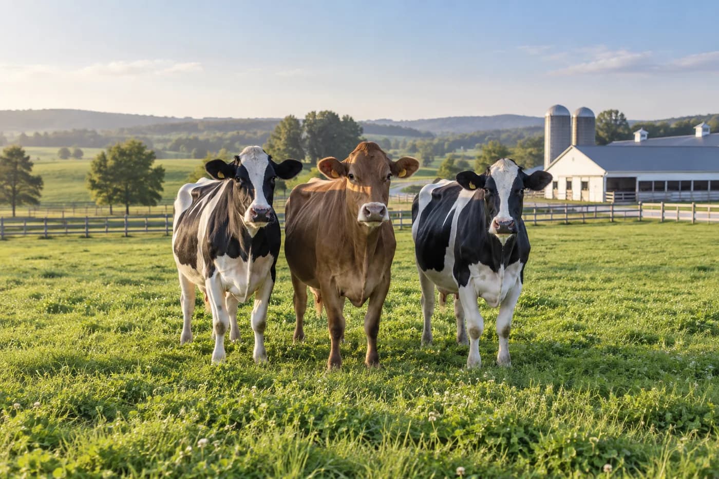 Dairy cattle standing in a green pasture beside a farm