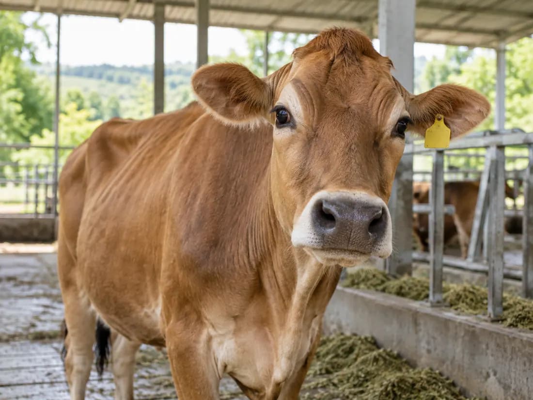 Dairy cow resting in a farm shelter