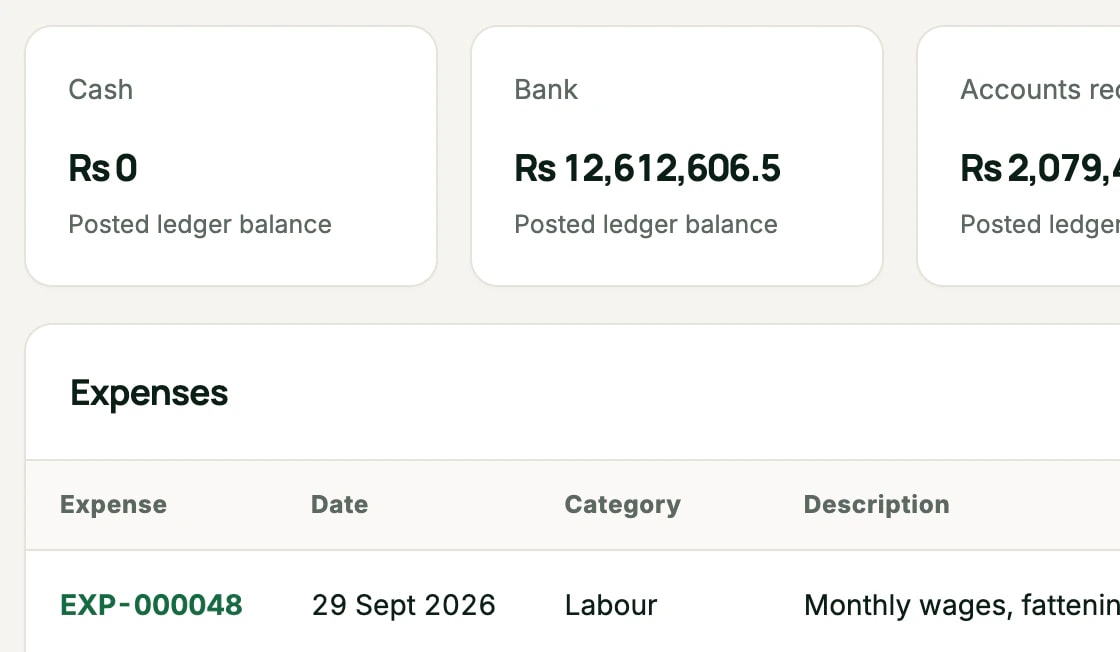 Finance overview with bank, receivable and payable balances and the list of farm expenses
