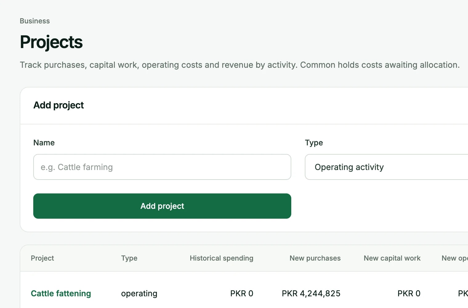 Projects table comparing purchases, operating costs, stock used and sales for each farm project
