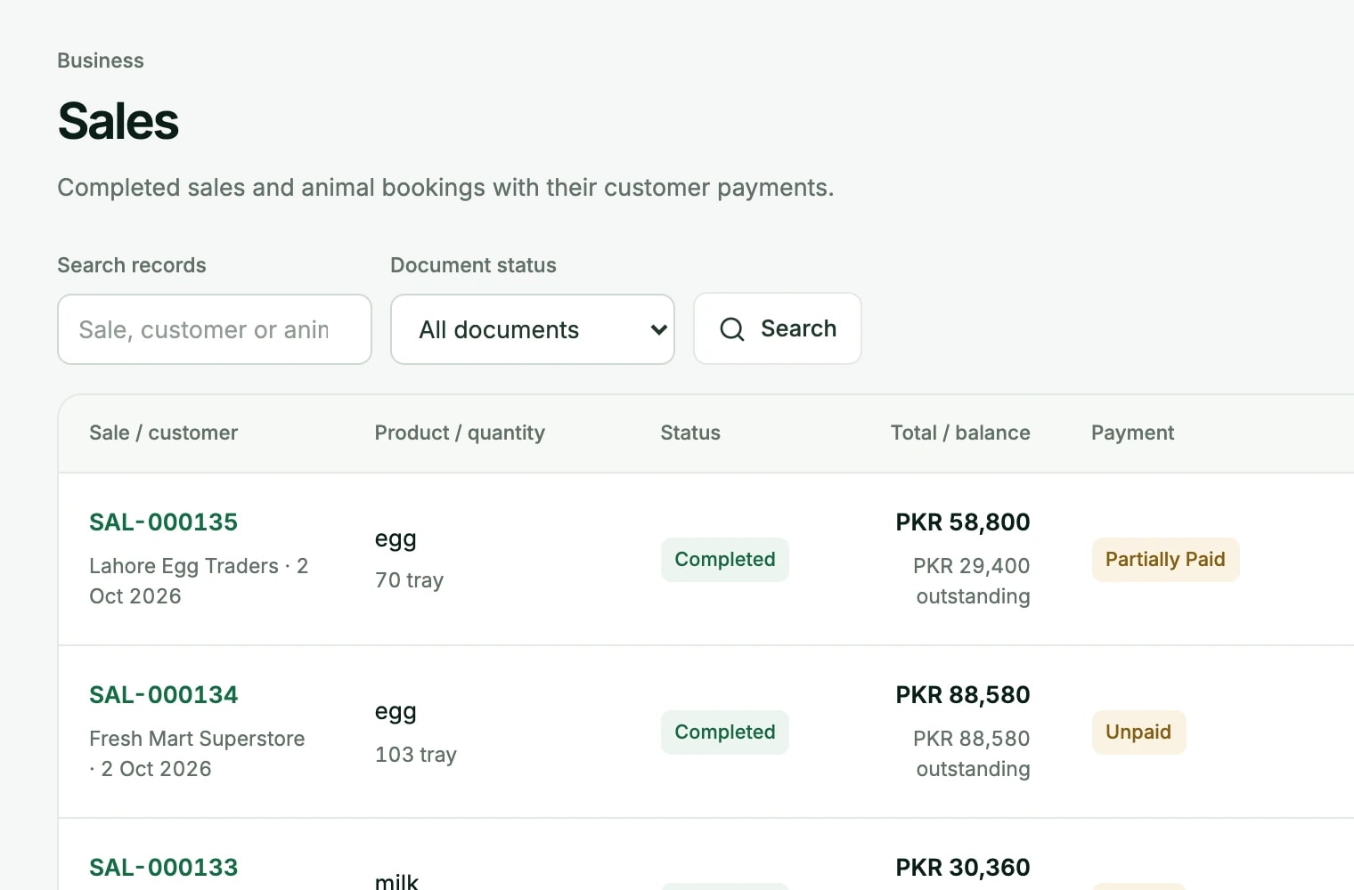 Sales list of milk, egg and animal sales with customers, amounts and payment status