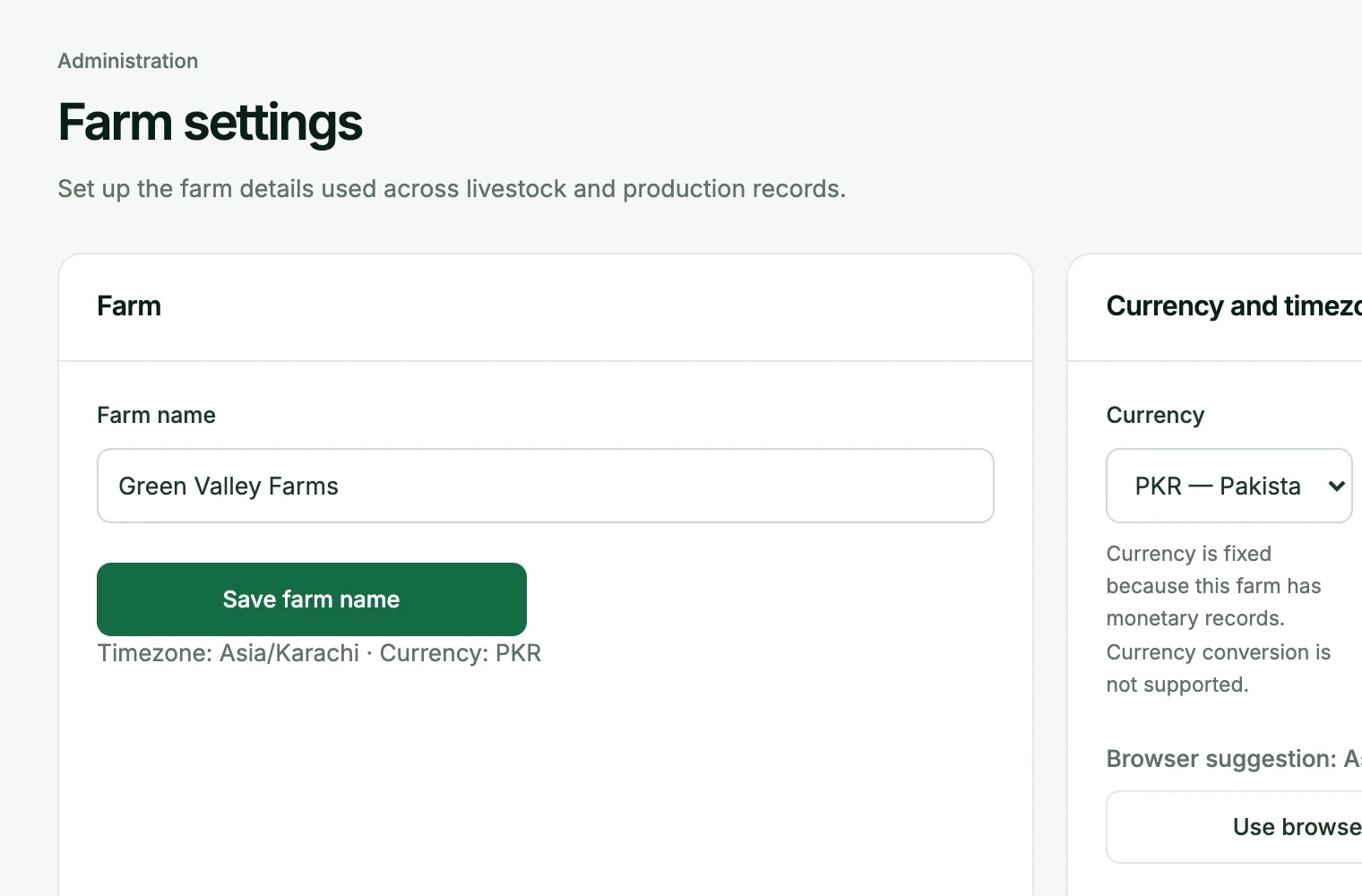 Farm settings with the workspace subdomain, animal groups and locations